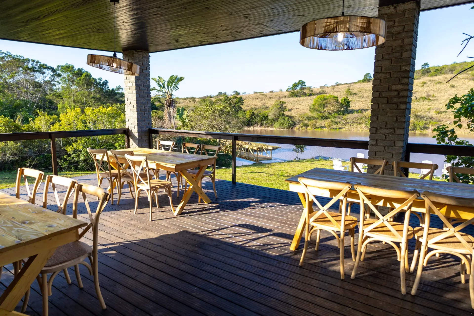 Ndinga Valley Plaas deck overlooking the dam at golden hour